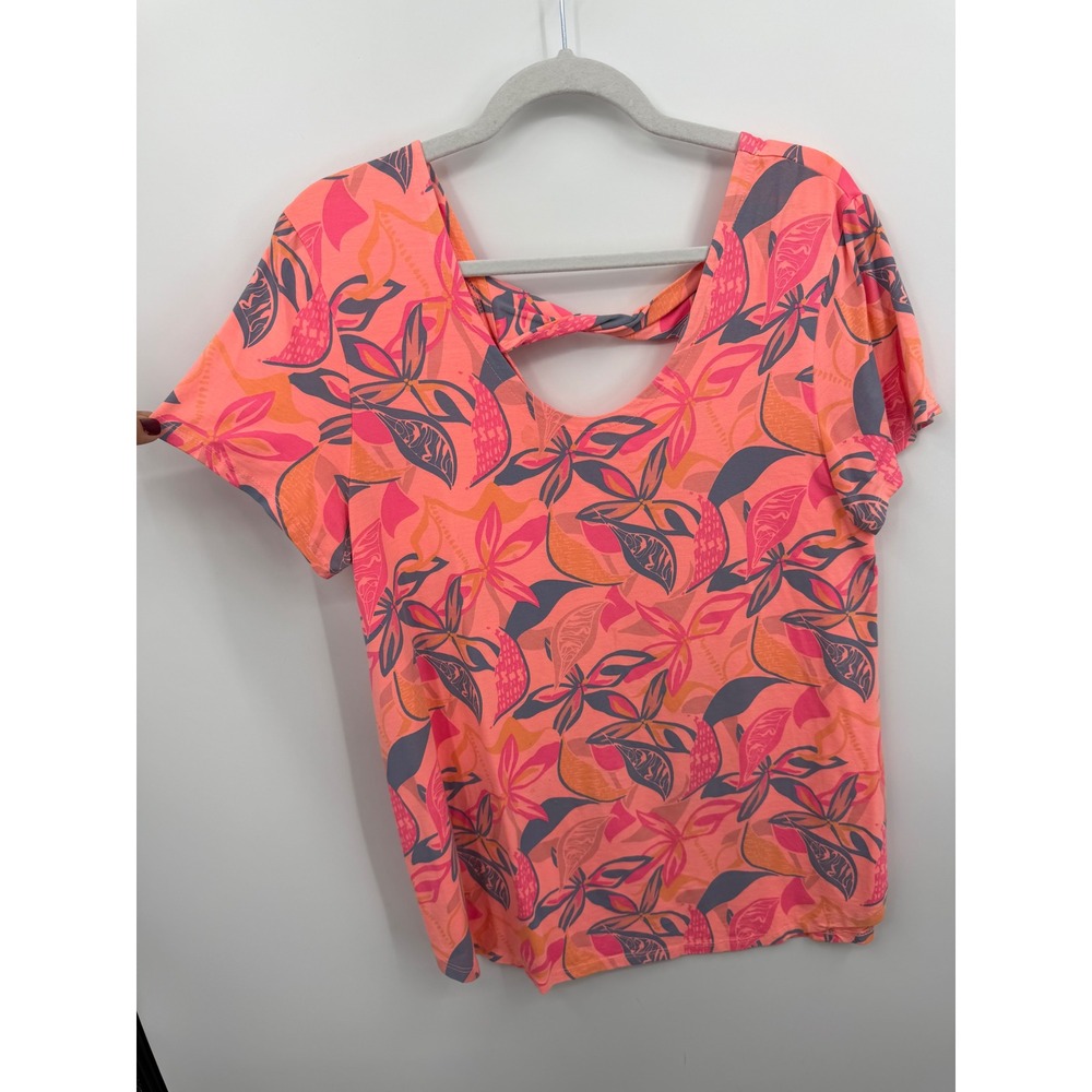 Fresh Produce Mika Twist Top sz L Orange Beachside Blooms Floral Short Sleeve‎